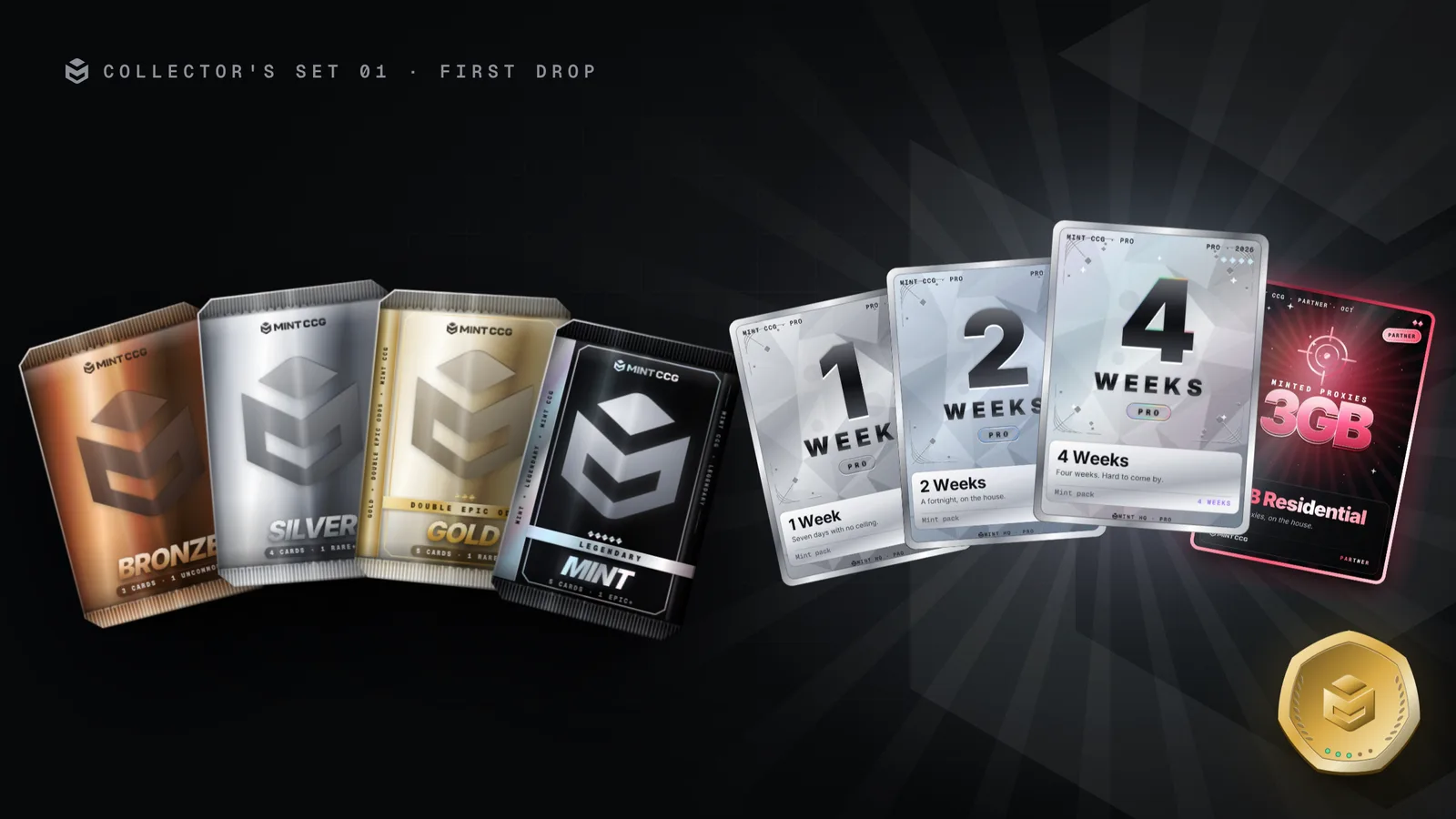 MINT CCG packs in Bronze, Silver, Gold and Mint, beside the 1, 2 and 4 Weeks Pro cards, a partner prize card for 3 GB of proxy data and a Gold coin