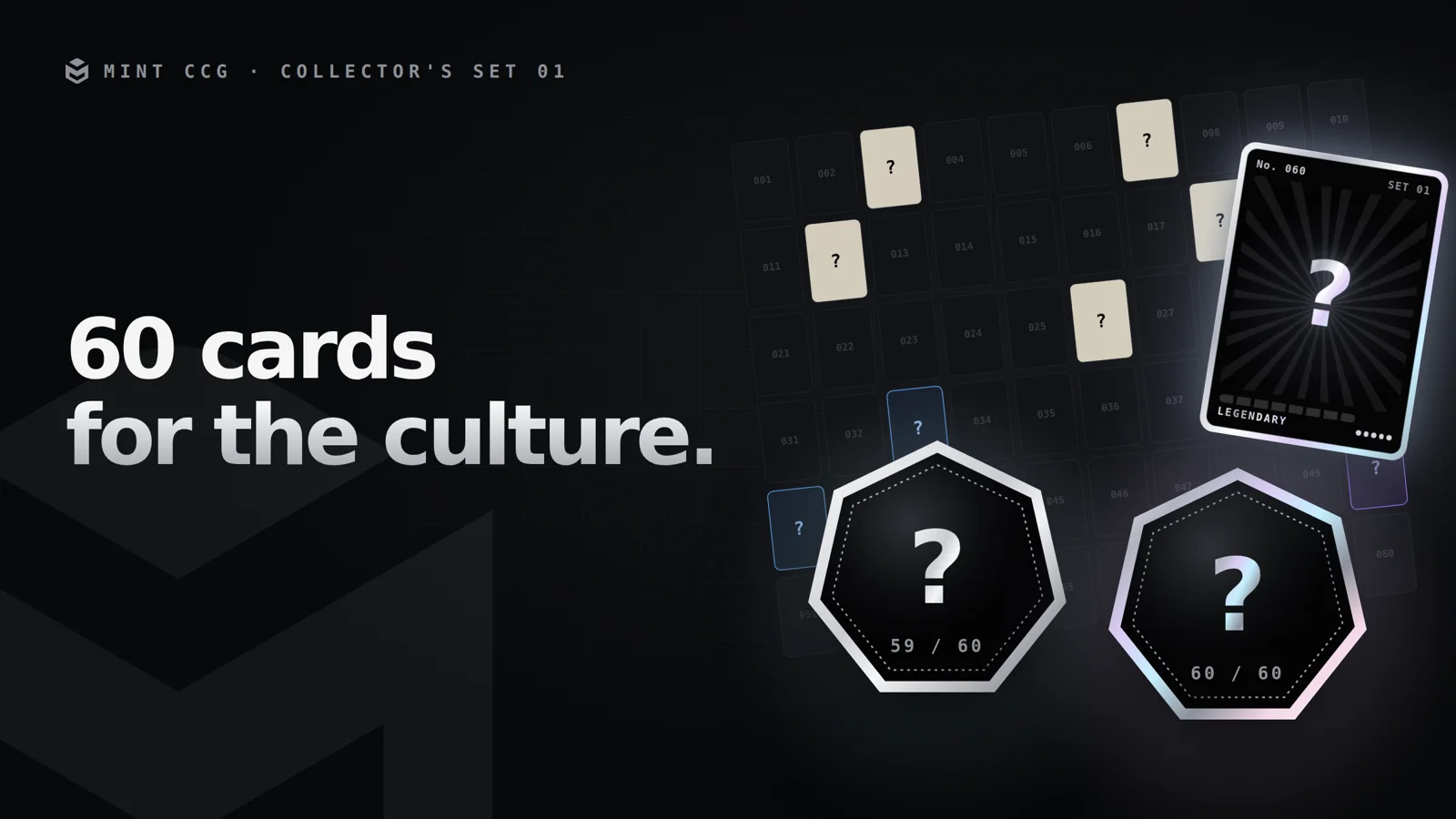 Collector's Set 01: a grid of 60 card slots, a hidden Legendary card and two mystery coins